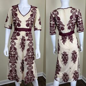 Lucy Paris Women's Size M Lace Red Tulle Floral Embroidered Midi Dress Romantic